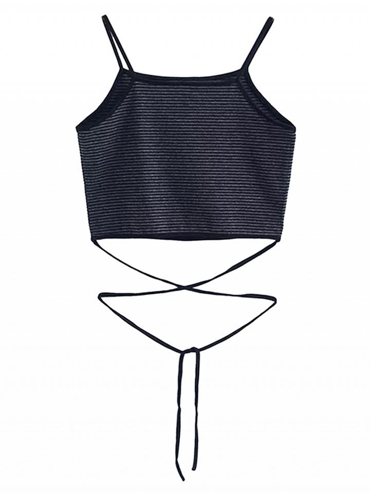 Choies Gray Stripe Strappy Cross Cami Crop Top