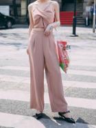 Choies Pink V-neck Ruched Front Chic Women Crop Cami Top And High Waist Pants