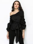 Choies Black One Shoulder Bow Tie Front Long Sleeve Blouse