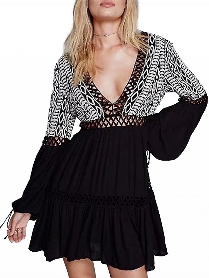 Choies Black Contrast Plunge V-neck Lace Paneled Tie Back Mini Dress