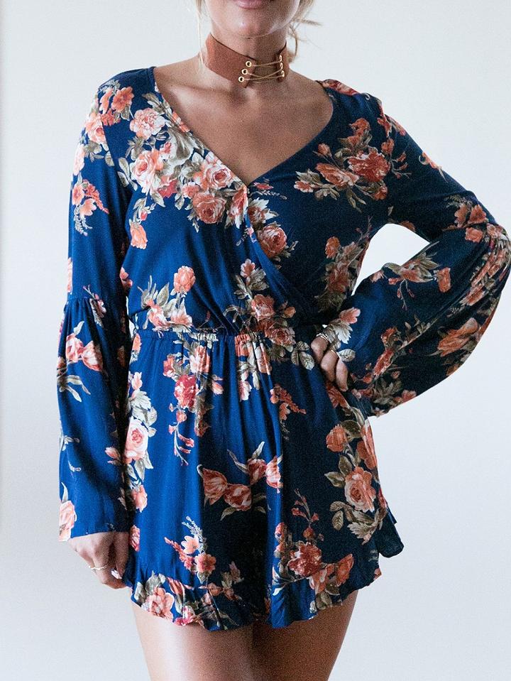 Choies Dark Blue Floral Print Wrap Front Bell Sleeve Romper Playsuit