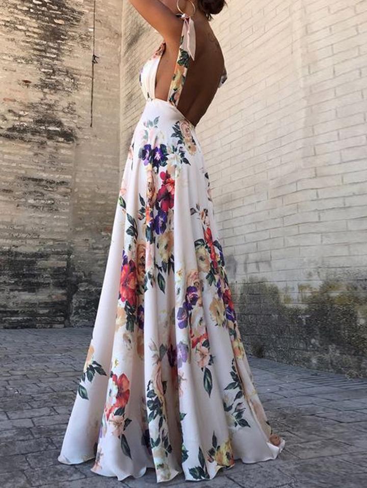 Choies White Floral Print Open Back Sleeveless Chic Women Cami Maxi Dress