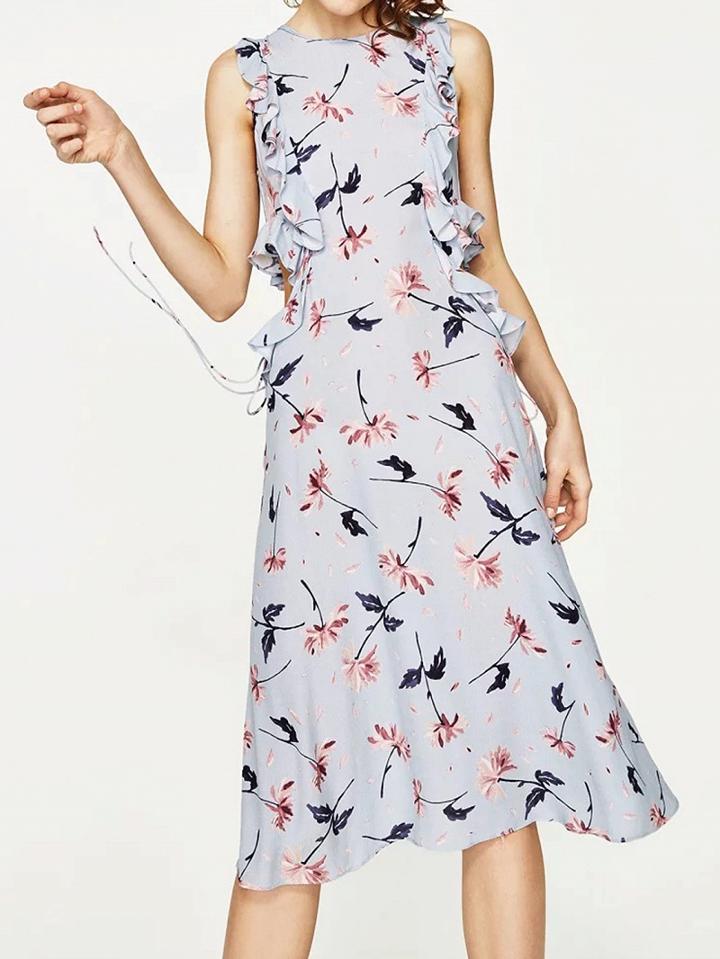Choies Blue Floral Ruffle Trim Cut Out Detail Sleeveless Dress