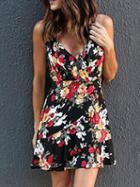 Choies Black V-neck Floral Print Lace Up Back Mini Dress