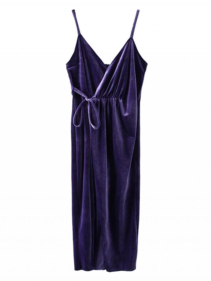 Choies Purple Wrap V-neck Split Velvet Cami Dress