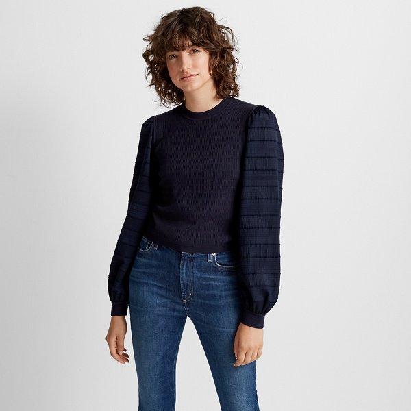 Club Monaco Navy Woven Sleeve Crewneck Sweater
