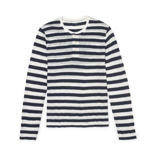 Club Monaco Color Blue Linen Stripe L/s Henley In Size L