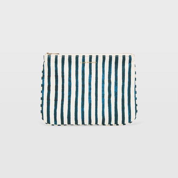 Club Monaco Blue & White Cm Striped Canvas Logo Pouch