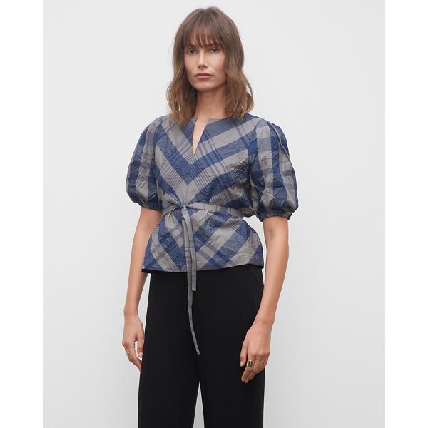 Club Monaco Plaid Seamed Puff Sleeve Top