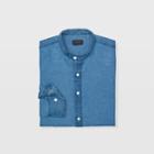 Club Monaco Color Blue Slim Linen Band-collar Shirt