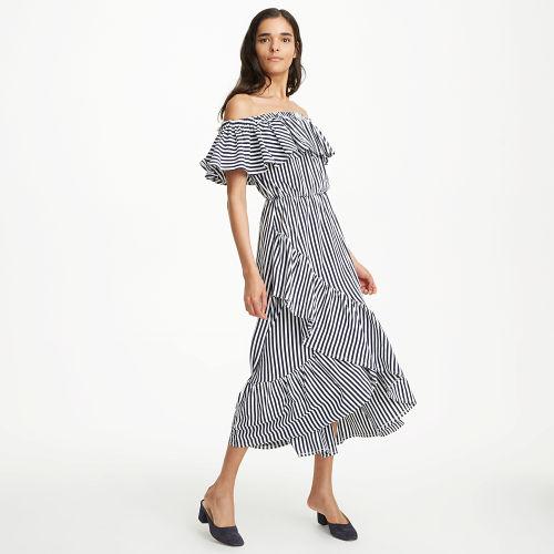 Club Monaco Color Blue Mds Stripes Ruffle Dress
