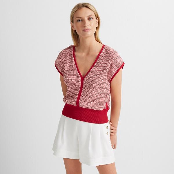 Club Monaco Pink Multi Short Sleeve V-neck Sweater