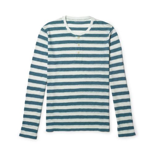 Club Monaco Color Blue Linen Stripe L/s Henley In Size Xs