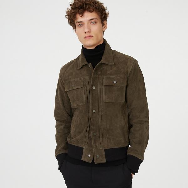 Club Monaco Palermo Olive Suede Trucker Jacket