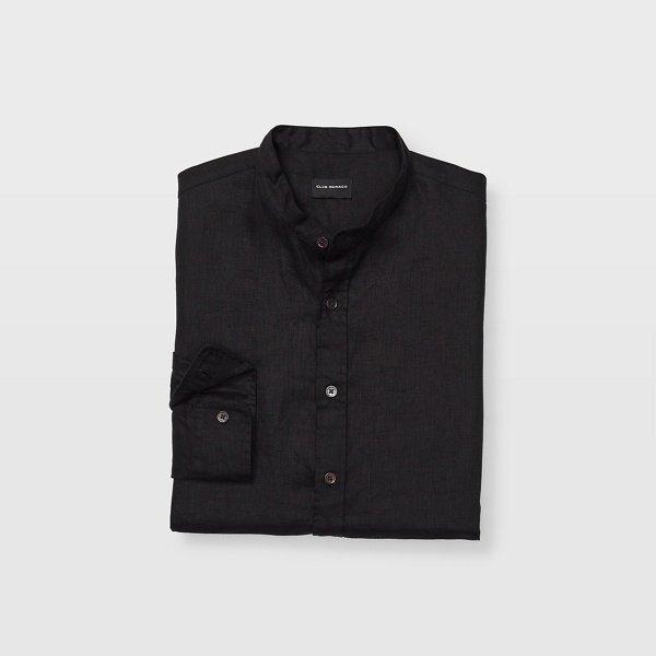 Club Monaco Black Slim Linen Band Collar Shirt