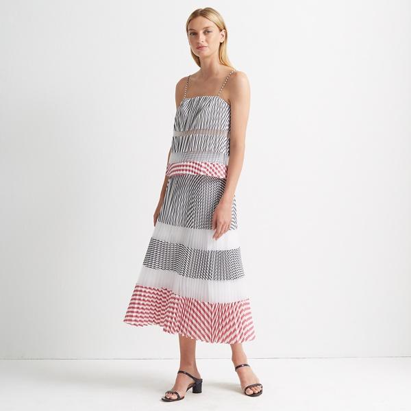 Club Monaco White Multi Pleated Midi Stripe Skirt