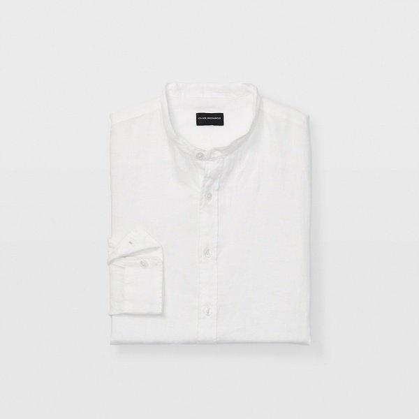 Club Monaco White Slim Linen Band Collar Shirt