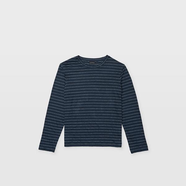 Club Monaco Navy And White Long-sleeve Linen Stripe Crew