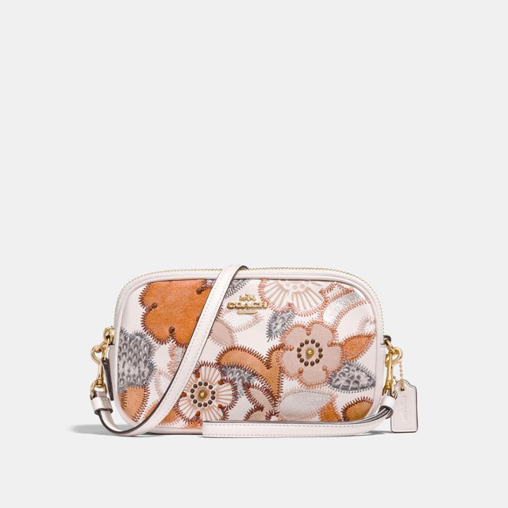 Coach Crossbody Clutch With Patchwork Tea Rose And Snakeskin Detail