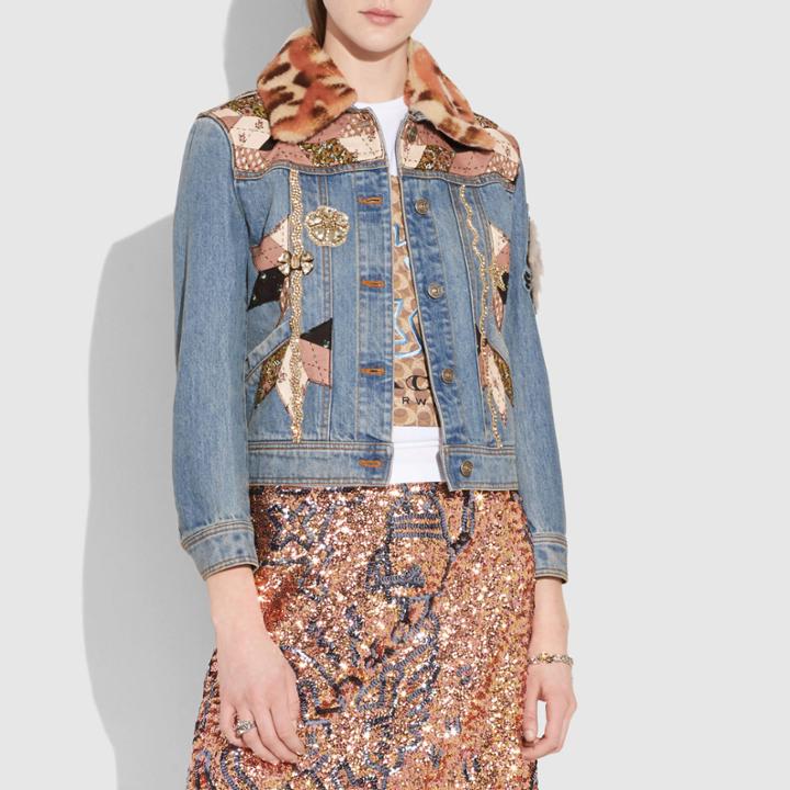 Coach Embellished Quilted Patchwork Denim Jacket