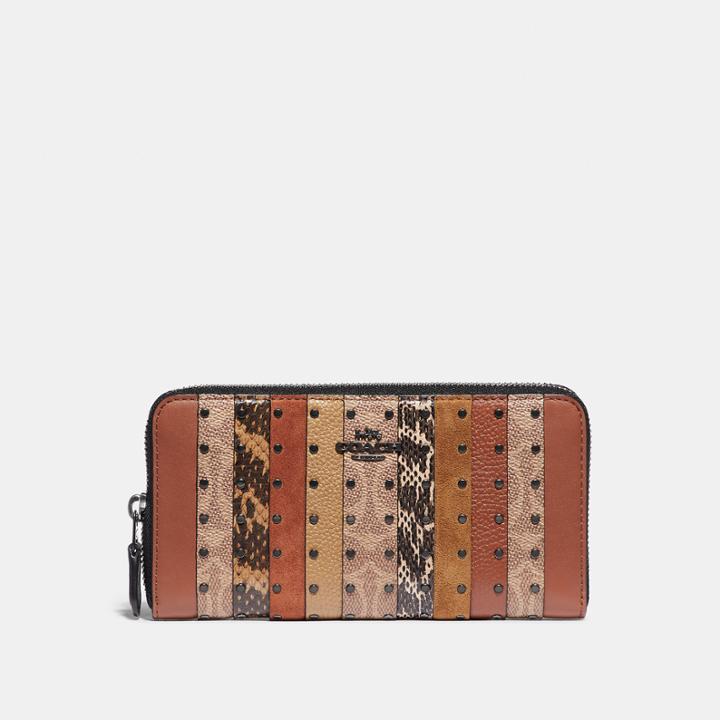 Coach Accordion Zip Wallet With Signature Canvas Patchwork Stripes And Snakeskin Detail