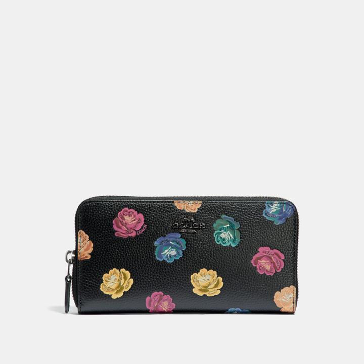 Coach Accordion Zip Wallet In Polished Pebble Leather With Rainbow Rose Print