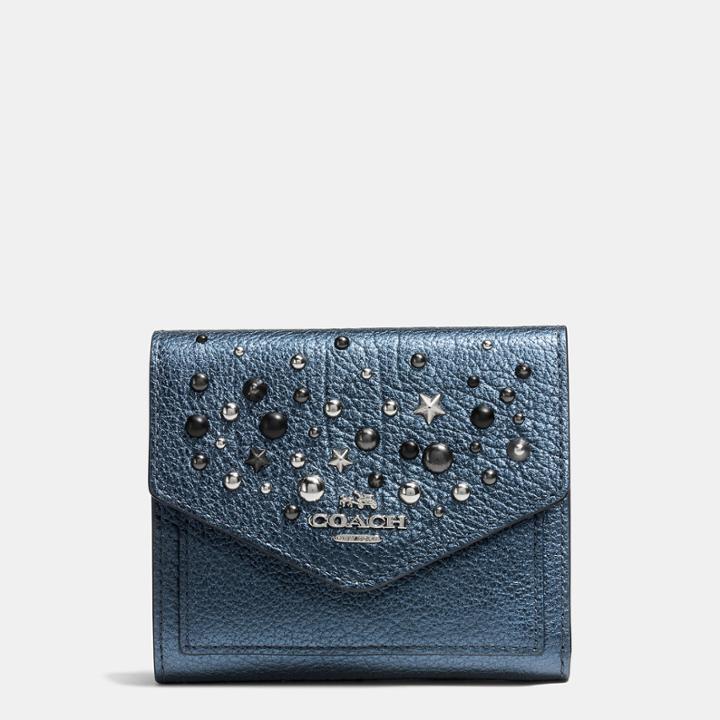 Coach Small Wallet In Metallic Leather With Star Rivets
