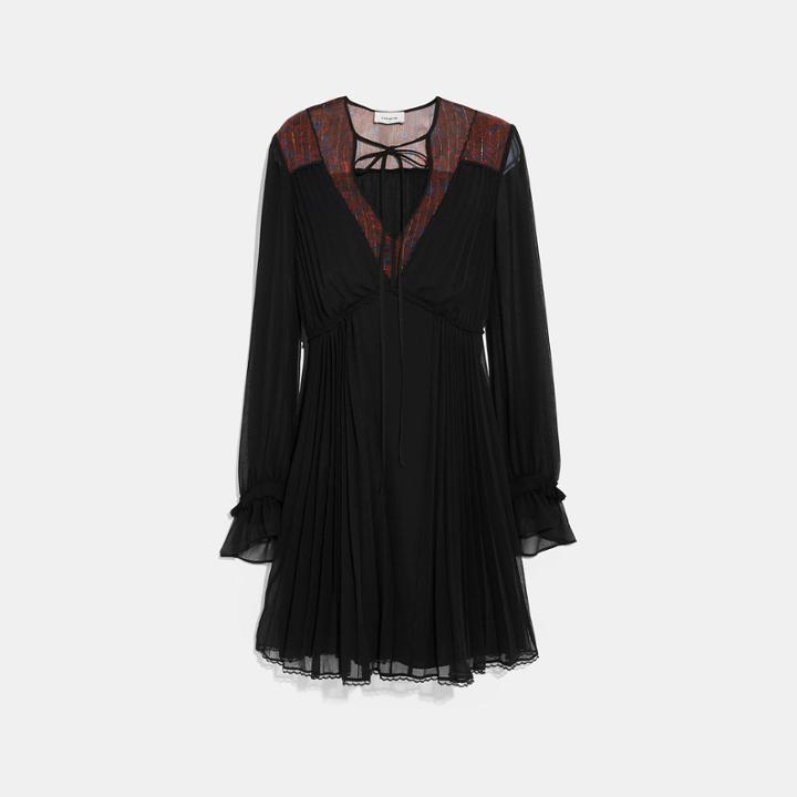 Coach Print Pleated Dress With Neck Tie