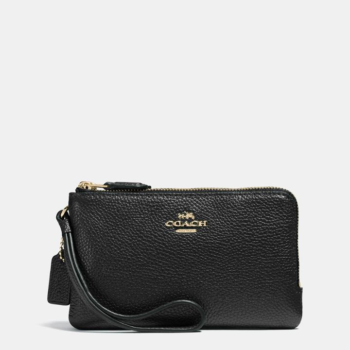 Coach Double Corner Zip Wristlet In Polished Pebble Leather