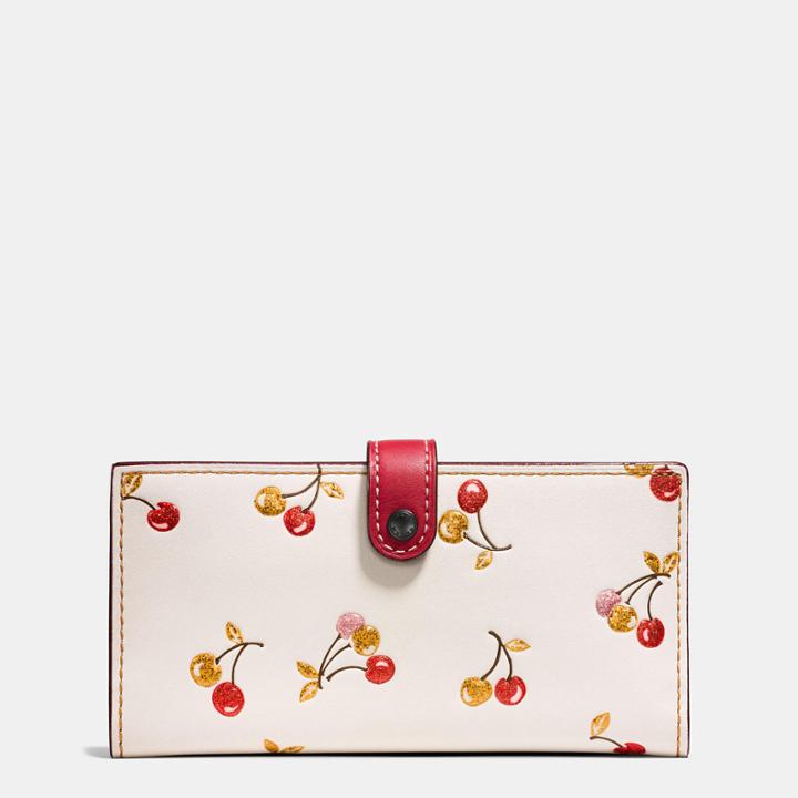 Coach Slim Trifold Wallet In Glovetanned Leather With Cherry Print