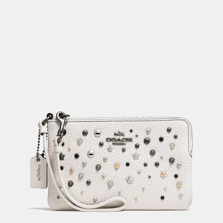Coach Small Wristlet In Polished Pebble Leather With Star Rivets