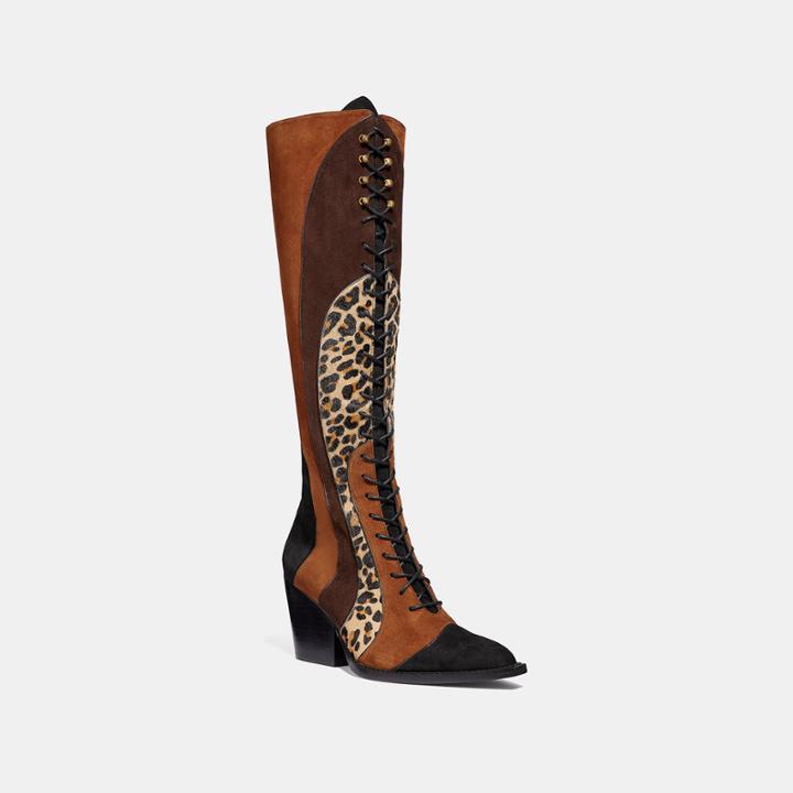 Coach Lace Up Boot With Patchwork Leopard