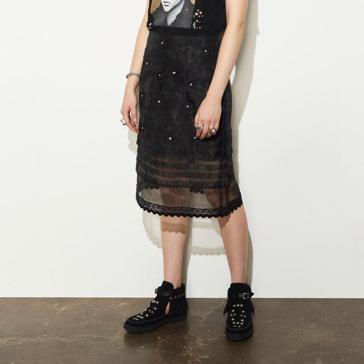 Coach Embroidered Sheer Skirt With Pleats