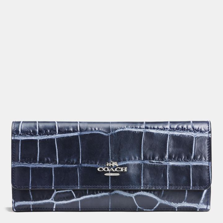 Coach Soft Wallet In Denim Croc-embossed Leather