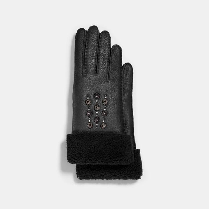 Coach Tea Rose Embellished Leather Gloves