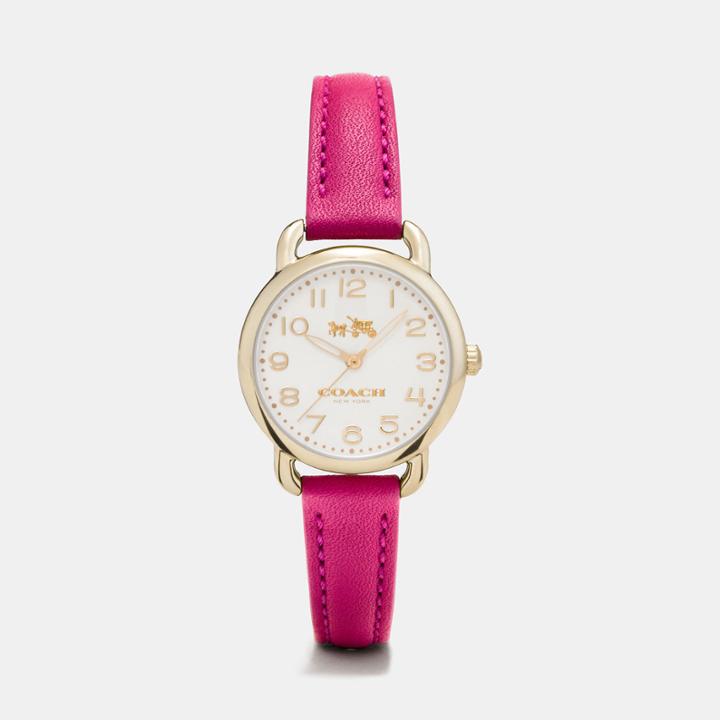 Coach Delancey Carnation Gold Tone Sunray Dial Leather Strap Watch