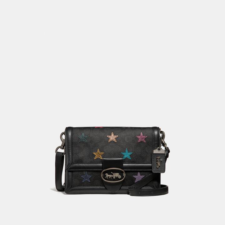 Coach Riley Shoulder Bag In Signature Canvas With Star Applique And Snakeskin Detail