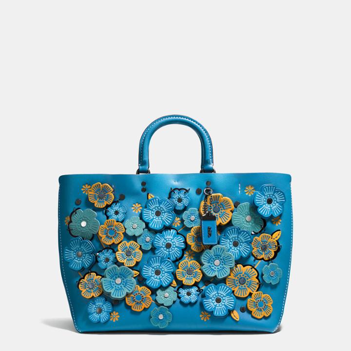 Coach Rogue Tote With Linked Tea Rose In Glove Calf