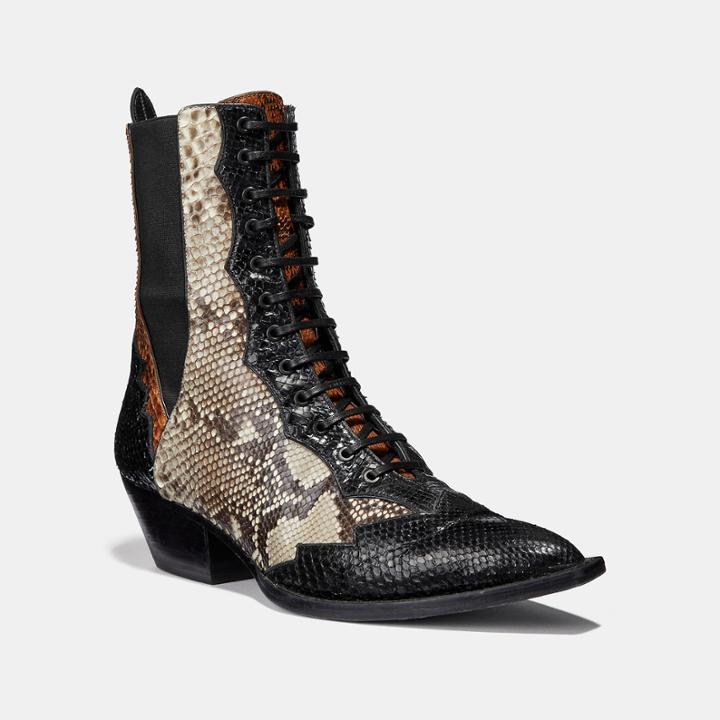 Coach Lace Up Bootie With Patchwork Snake