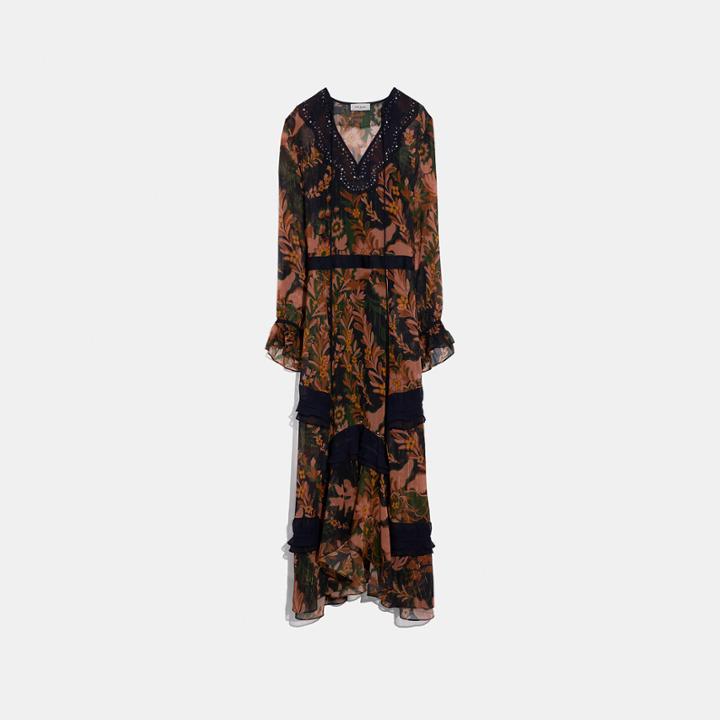 Coach Long Embellished Forest Floral Print Dress