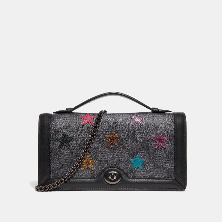 Coach Riley Chain Clutch In Signature Canvas With Star Applique And Snakeskin Detail