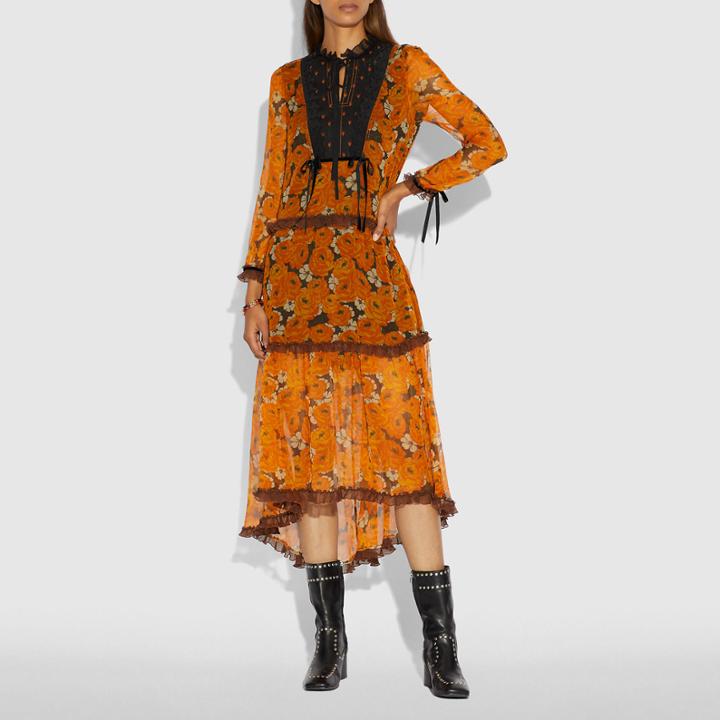 Coach Rose Print Tiered Dress