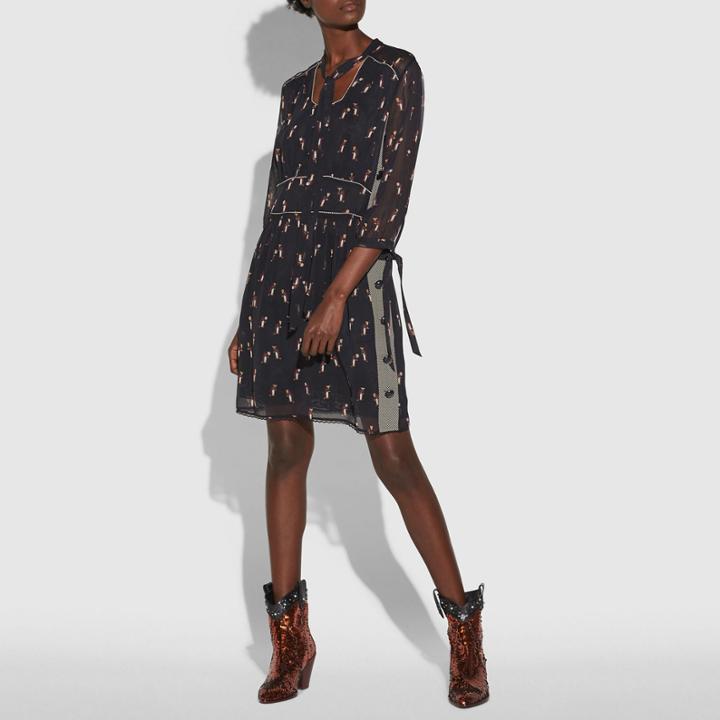 Coach Penguin Print Tie Neck Dress