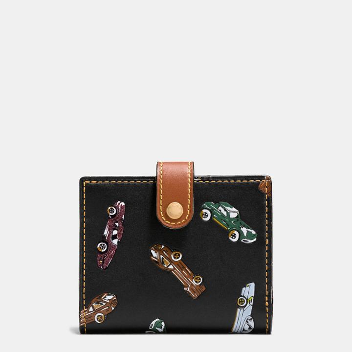 Coach Small Trifold Wallet In Glovetanned Leather With Car Print