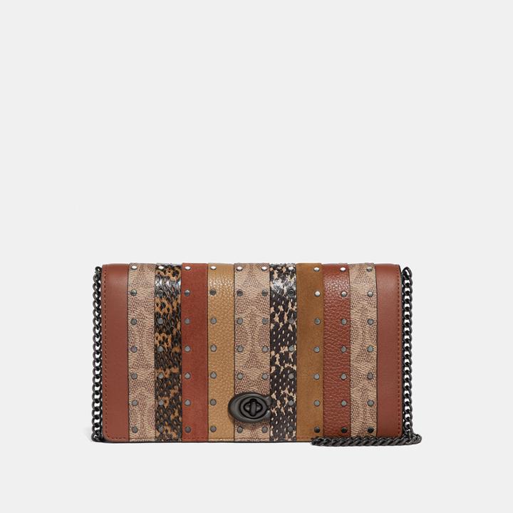 Coach Callie Foldover Chain Clutch With Signature Canvas Patchwork Stripes And Snakeskin Detail