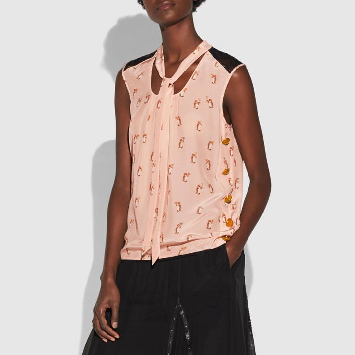 Coach Signature Chain Print Sleeveless Tie Neck Blouse