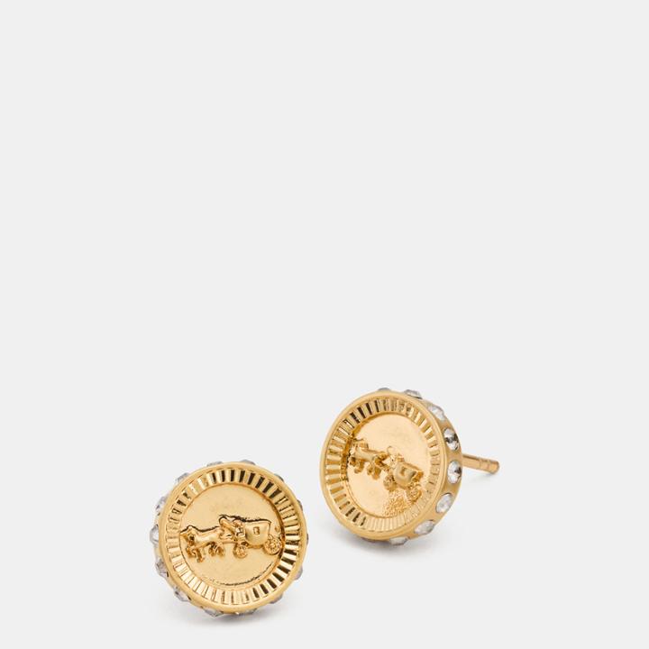 Coach Pave Horse And Carriage Coin Stud Earrings
