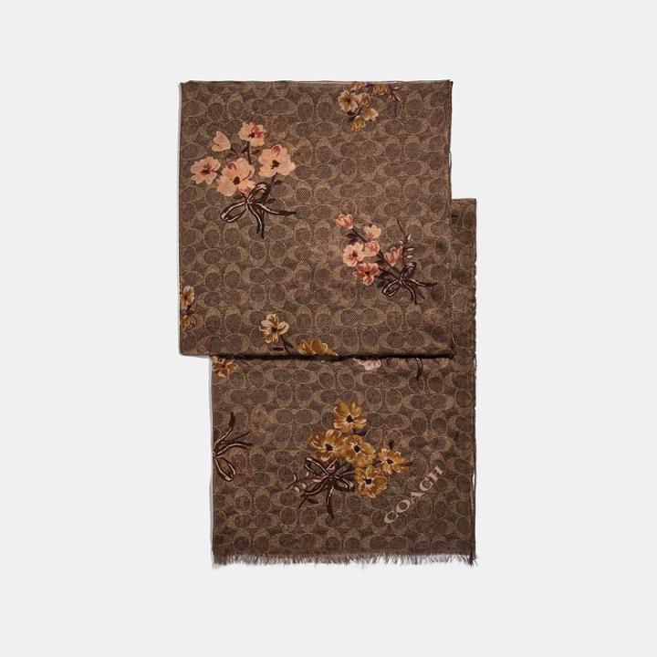Coach Signature Painted Floral Bow Print Oblong Scarf