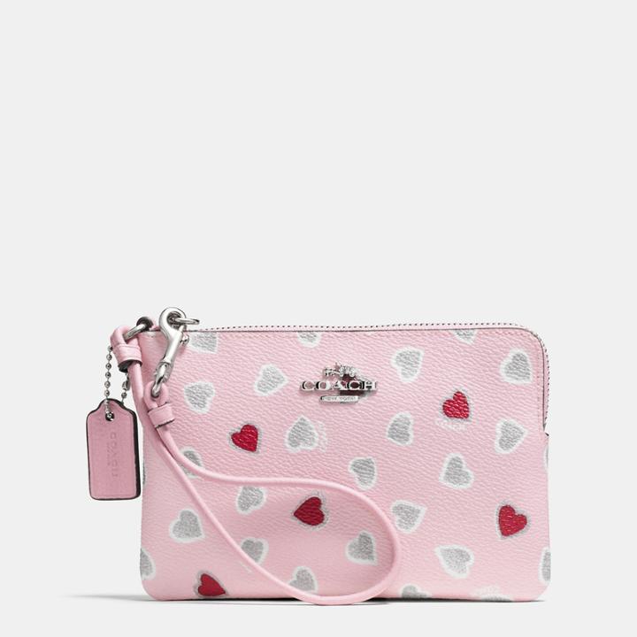 Coach Corner Zip Wristlet In Heart Print Coated Canvas