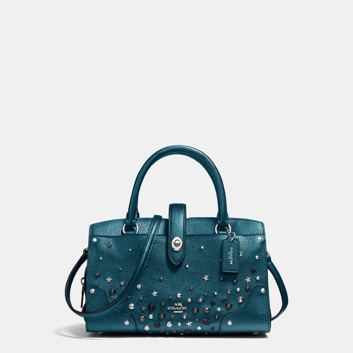 Coach Mercer Satchel 24 In Metallic Leather With Star Rivets